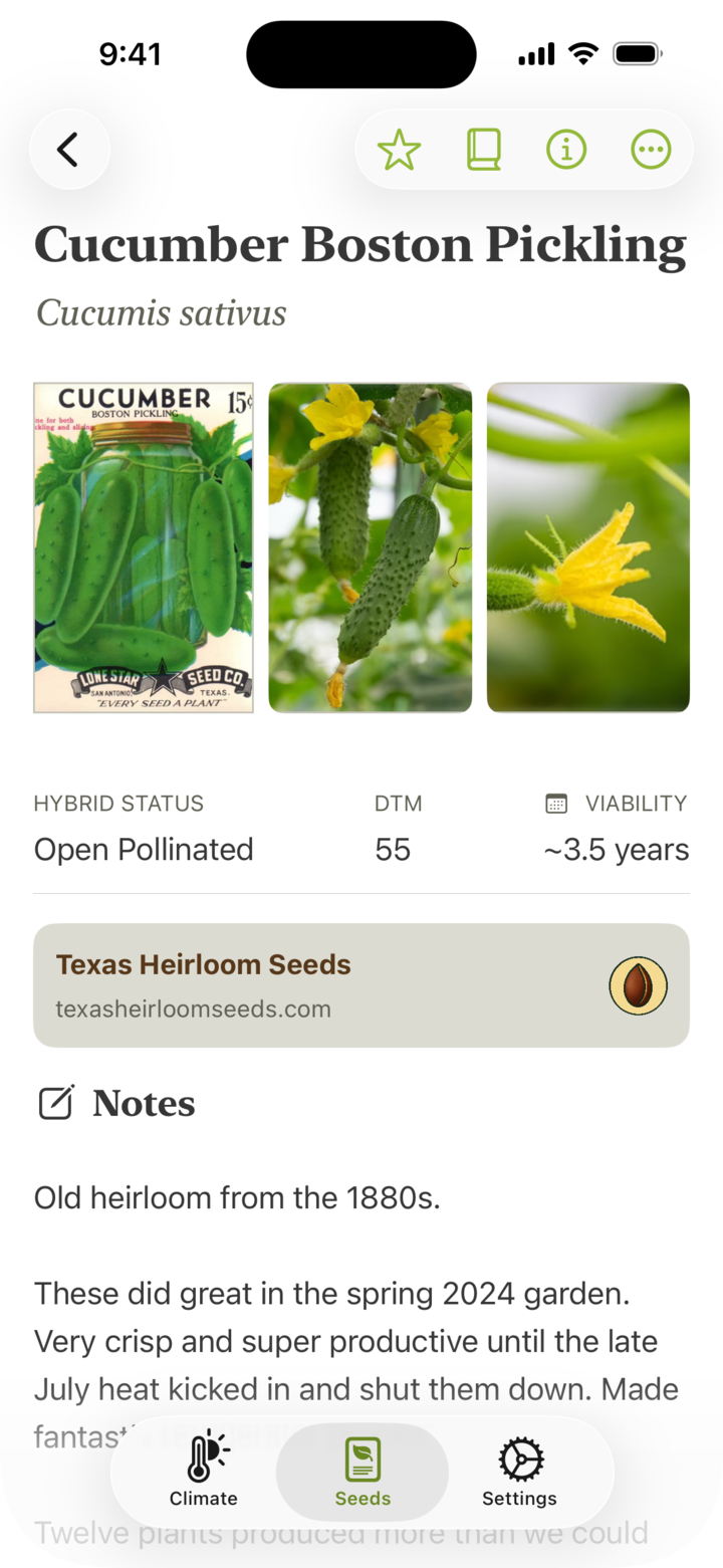 Boston Cucumber details, photos, and user notes in the Seed Keep app.