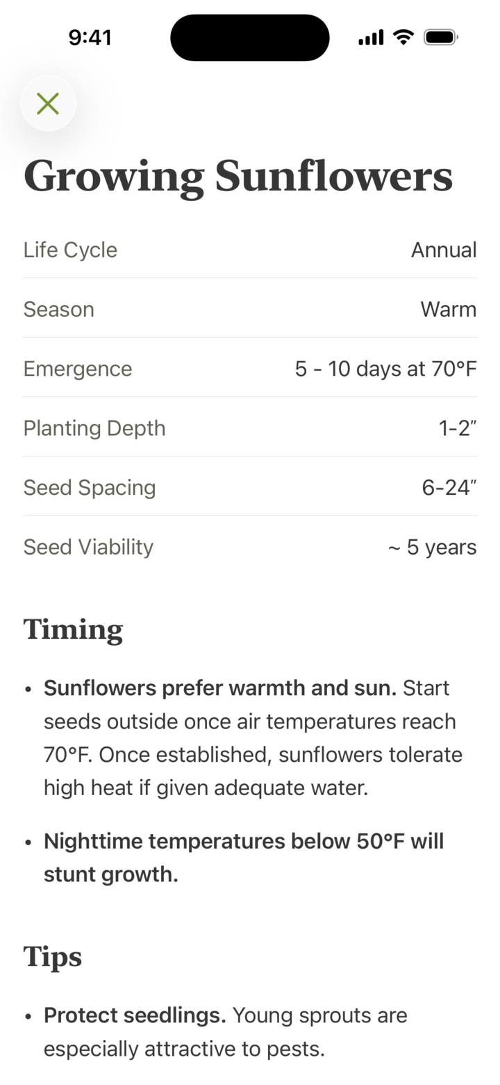Growing Sunflowers information screen in the Seed Keep app.
